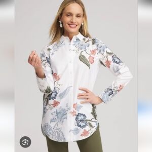 Chico's Women  White and Blue Floral Button Down Shirt